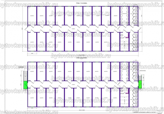 Планы этажей двухэтажного общежития на 150 человек из 48 шт БК